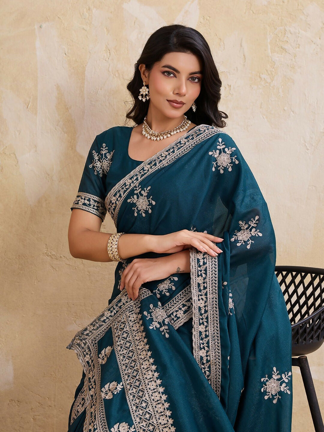 Teeya Creation Womens New Latest Party Wear Soft Georgette Saree-Teal | Grocsy