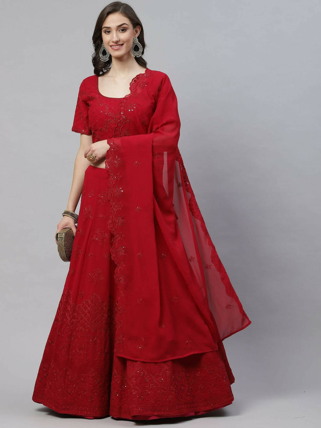 Dark Pink Georgette Thread with Sequins Embroidered work Lehenga Choli with Dupatta - Jivika | Grocsy