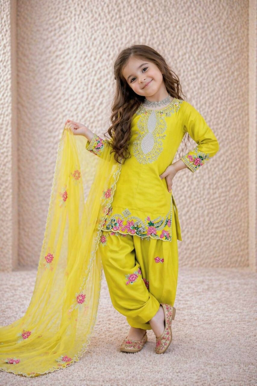 Teeya Creation New Kids Trendy Wedding Wear Traditional Kurta Salwar Set-Yellow | Grocsy