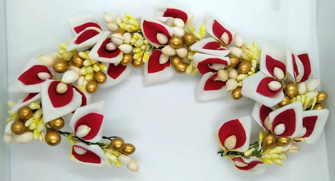 Pink & White Flower With Gold Beads Hair Gajra | Grocsy