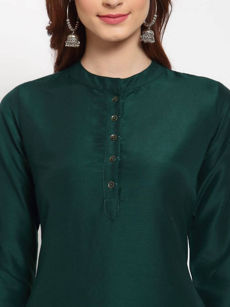 Myshka Women's Green Solid Cotton 3/4 Sleeve Mandarin Neck Casual Kurta Pant Dupatta Set | Grocsy