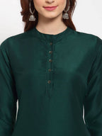 Myshka Women's Green Solid Cotton 3/4 Sleeve Mandarin Neck Casual Kurta Pant Dupatta Set | Grocsy