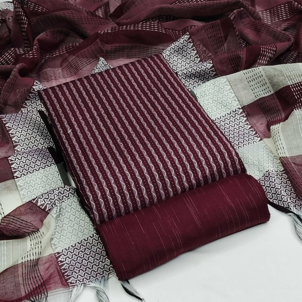 Wine Cotton Jacquard Woven Unstitched Dress Material - Amara | Grocsy