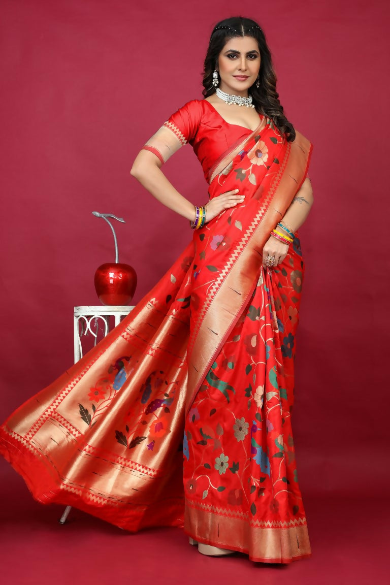 Jyoti Fashion Women's Red Paithani Silk Zari Woven Saree with Blouse | Grocsy