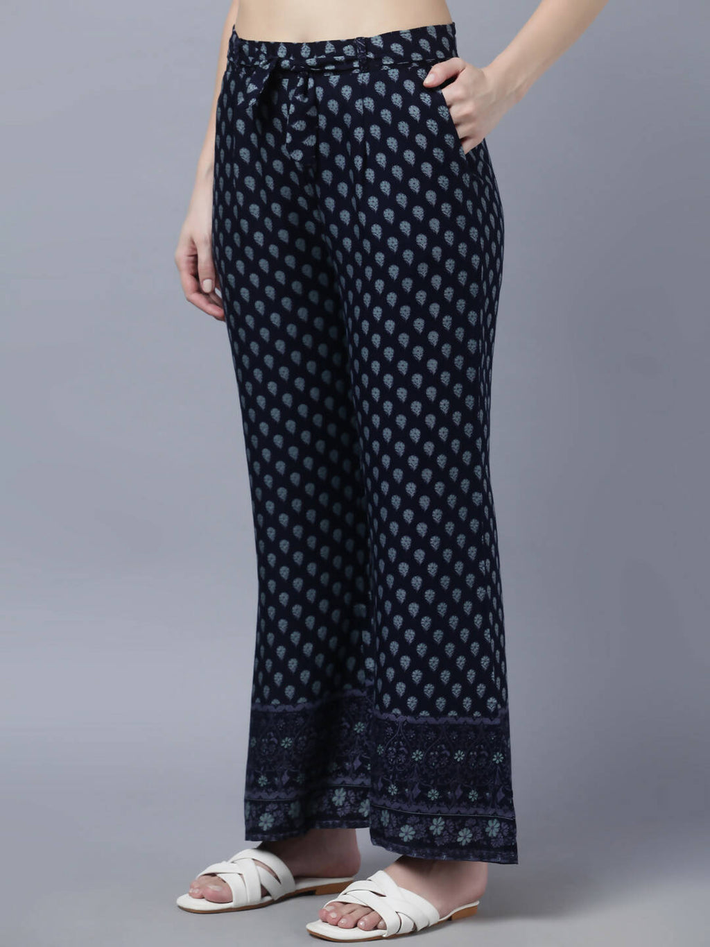 Myshka Women Navy Blue Ethnic Motifs Printed Pure Cotton Top with Palazzos | Grocsy
