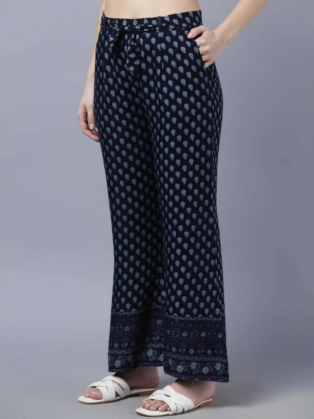 Myshka Women Navy Blue Ethnic Motifs Printed Pure Cotton Top with Palazzos | Grocsy