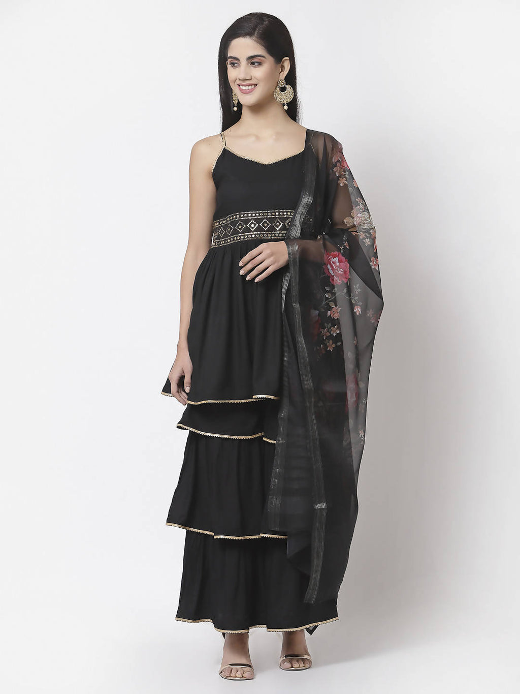 Myshka Women Black Rayon Solid Sleeveless Round Neck Kurta With Sharara & Dupatta Set | Grocsy