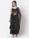 Myshka Women Black Rayon Solid Sleeveless Round Neck Kurta With Sharara & Dupatta Set | Grocsy