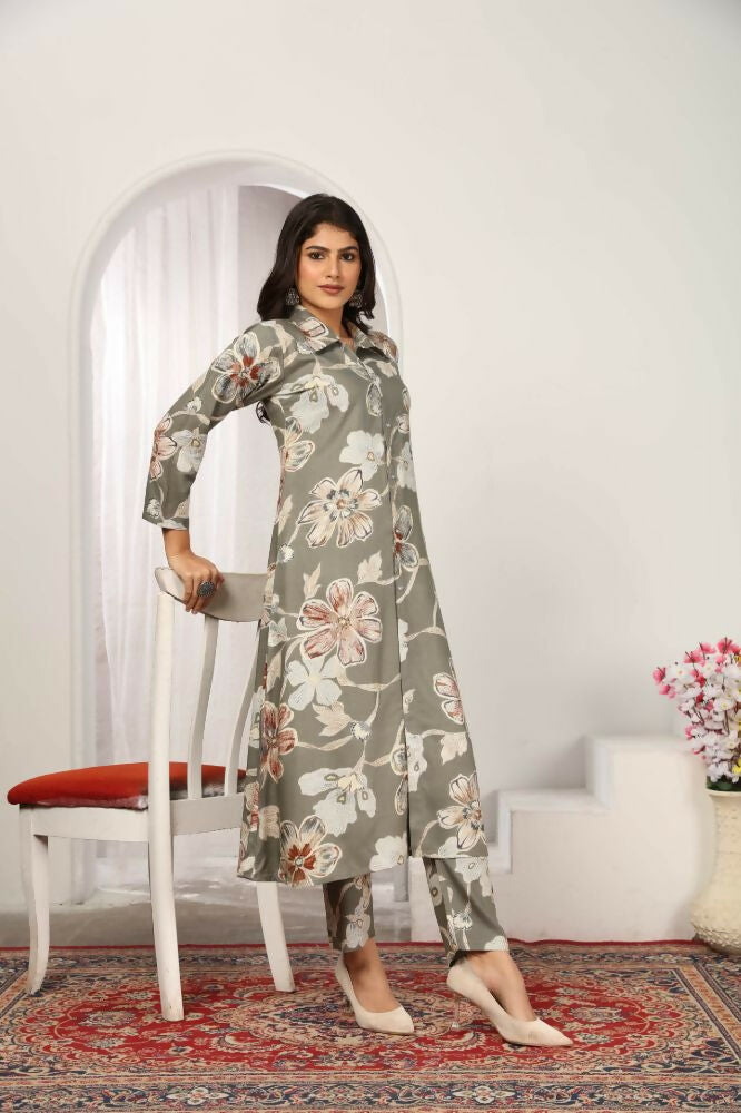 Jyoti Fashion Women's Grey Chanderi Silk Floral Print with Side Pocket Kurtis & Sets | Grocsy
