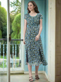 Souchii Teal & Blue Floral Printed Fit & Flare Dress | Grocsy