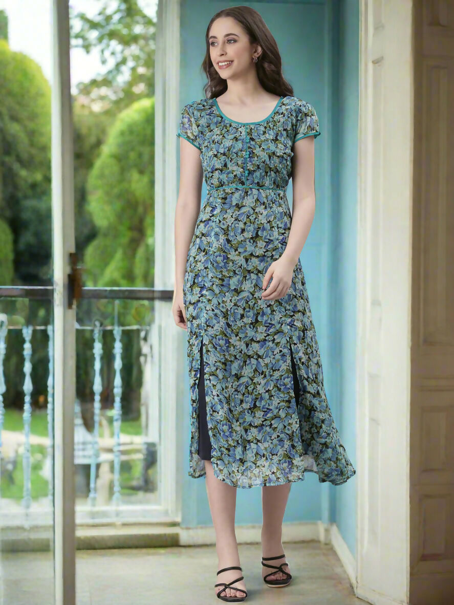 Souchii Teal & Blue Floral Printed Fit & Flare Dress | Grocsy