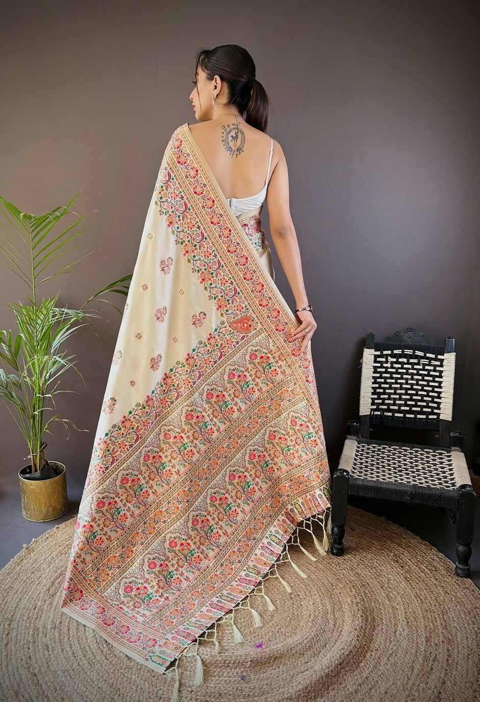 Joban Fashion White Meena Weaves Pashmina Sarees | Grocsy