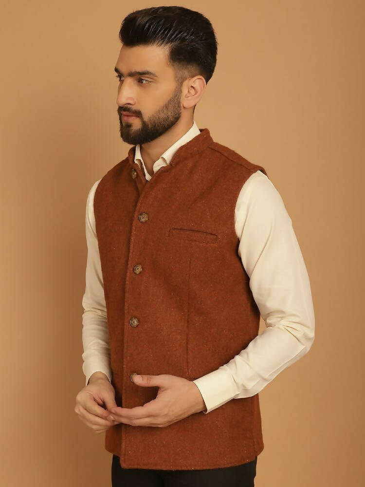 Even Apparels Pure Wool Nehru Jacket - Brown | Grocsy