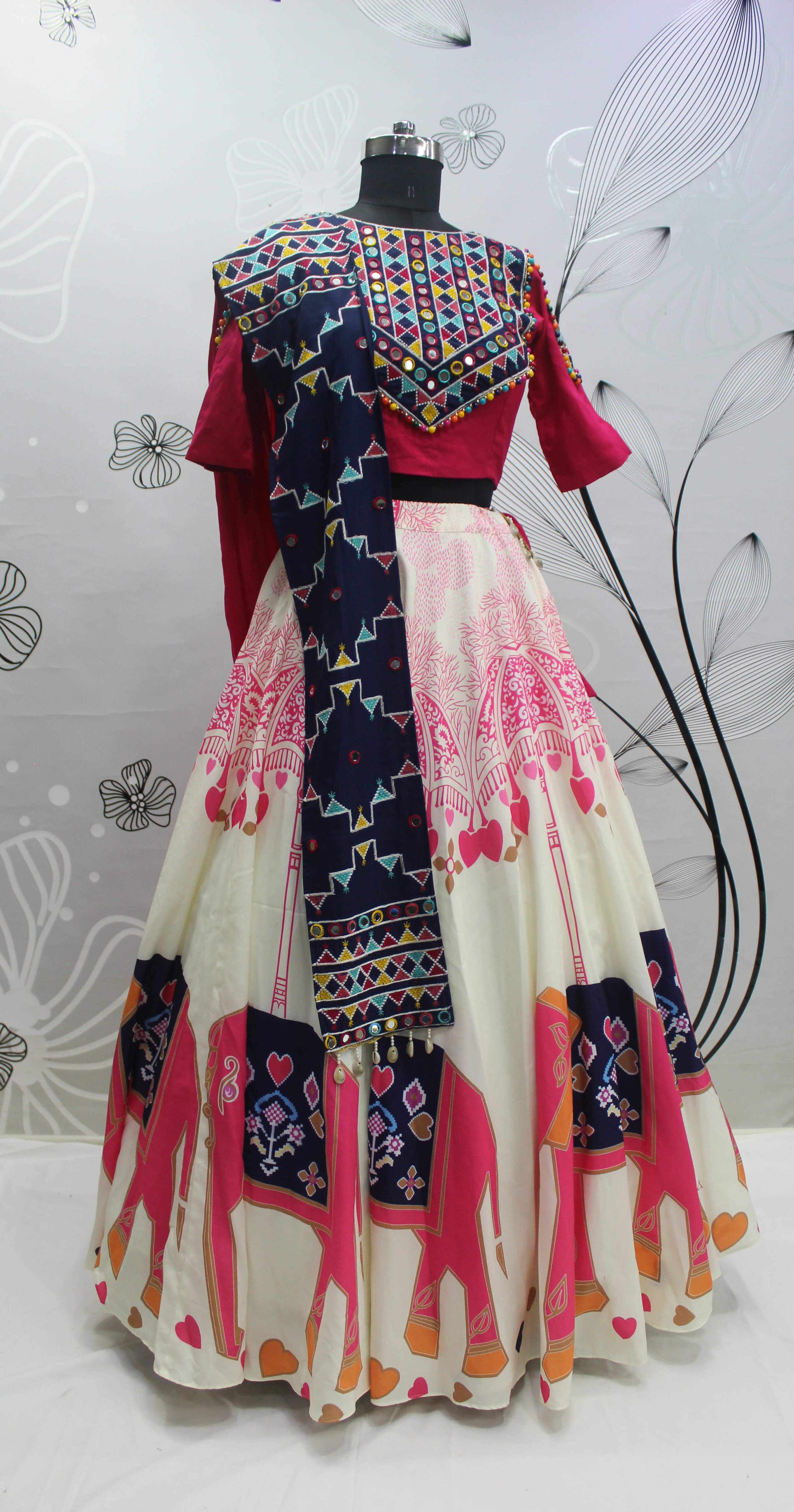 White Rayon Thread Embroidered Navratri Lehenga Choli with Dupatta - Raas | Grocsy