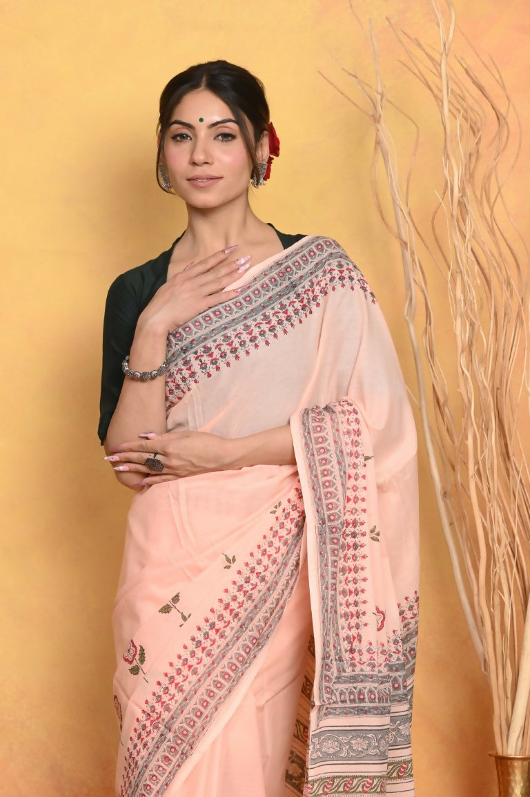 Very Much Indian Handblock Printed Cotton Saree With Natural Dyes - Peach | Grocsy