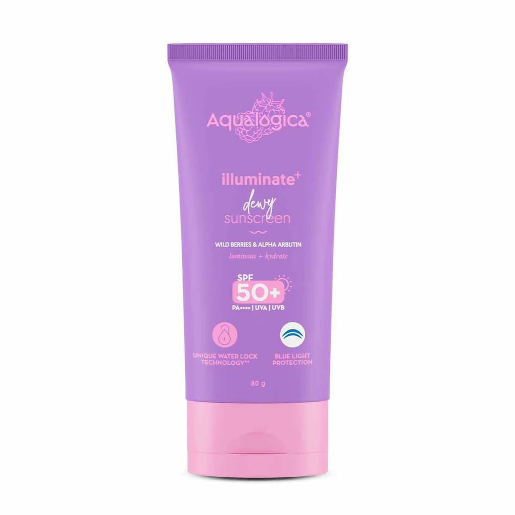 Aqualogica Illuminate+ Dewy Sunscreen SPF 50+ PA++++ with Wild Berries & Alpha Arbutin, Protection Against Uva/B & Blue Light Protection | Grocsy