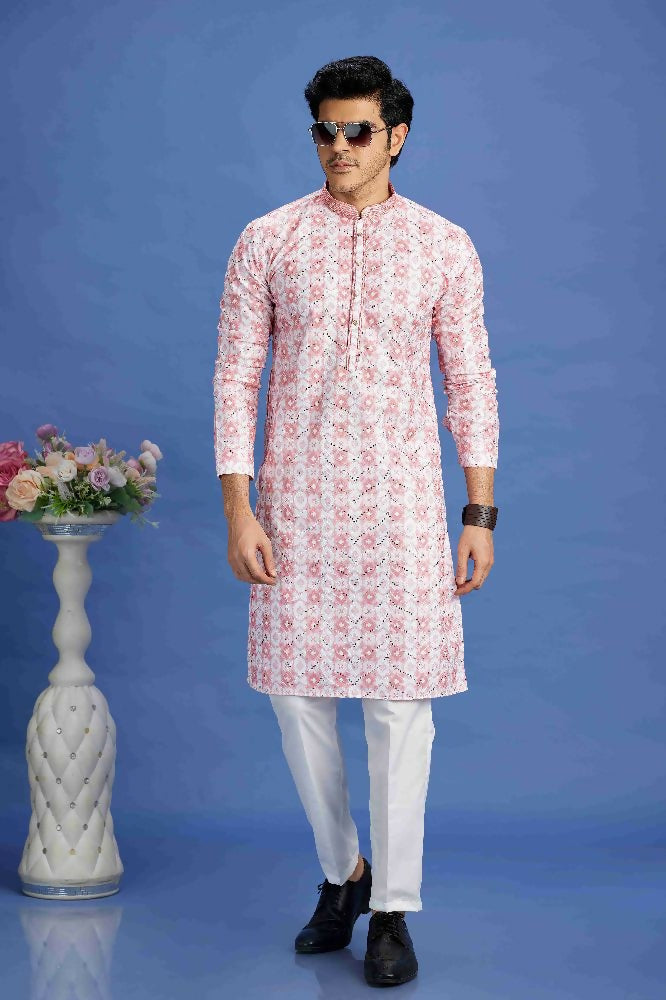 Raivat Ethnic Cotton Embroidery Kurta Pajama In Pink Colour | Grocsy