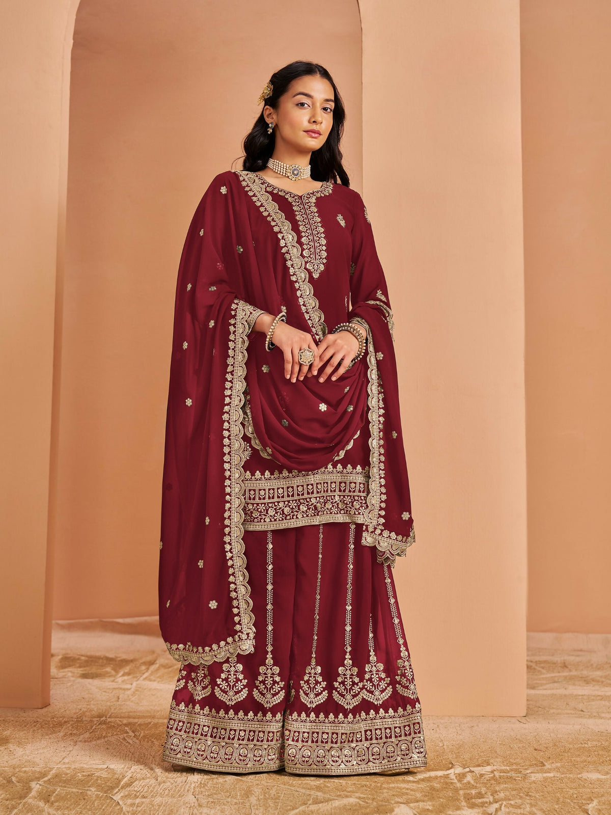 Anaita Maroon Premium Georgette Embroidered Stitched Salwar Suit | Grocsy