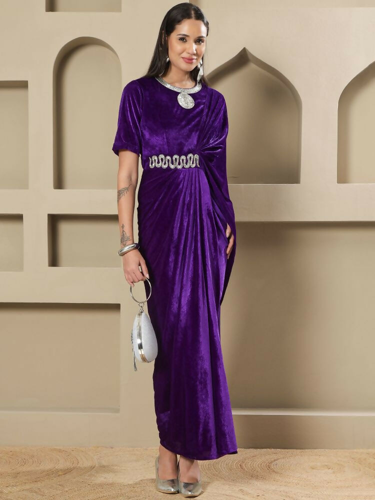Joban Fashion Women Purple Velvet Hand Embellishment Stitched Dress | Grocsy