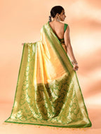 Joban Fashion Light Yellow & Parrot Green Plain With Weaving Border Banarasi Silk Sarees | Grocsy