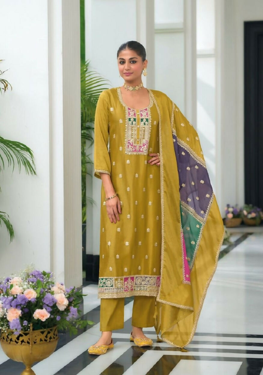 Teeya Creation Yellow Color Chinon Silk Embroidery Work Wedding Wear Designer Salwar Suit | Grocsy