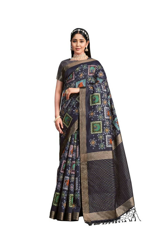 Navy Blue Tusser Silk Geometric Printed Saree With Unstitched Blouse - Mohmanthan Aahana | Grocsy