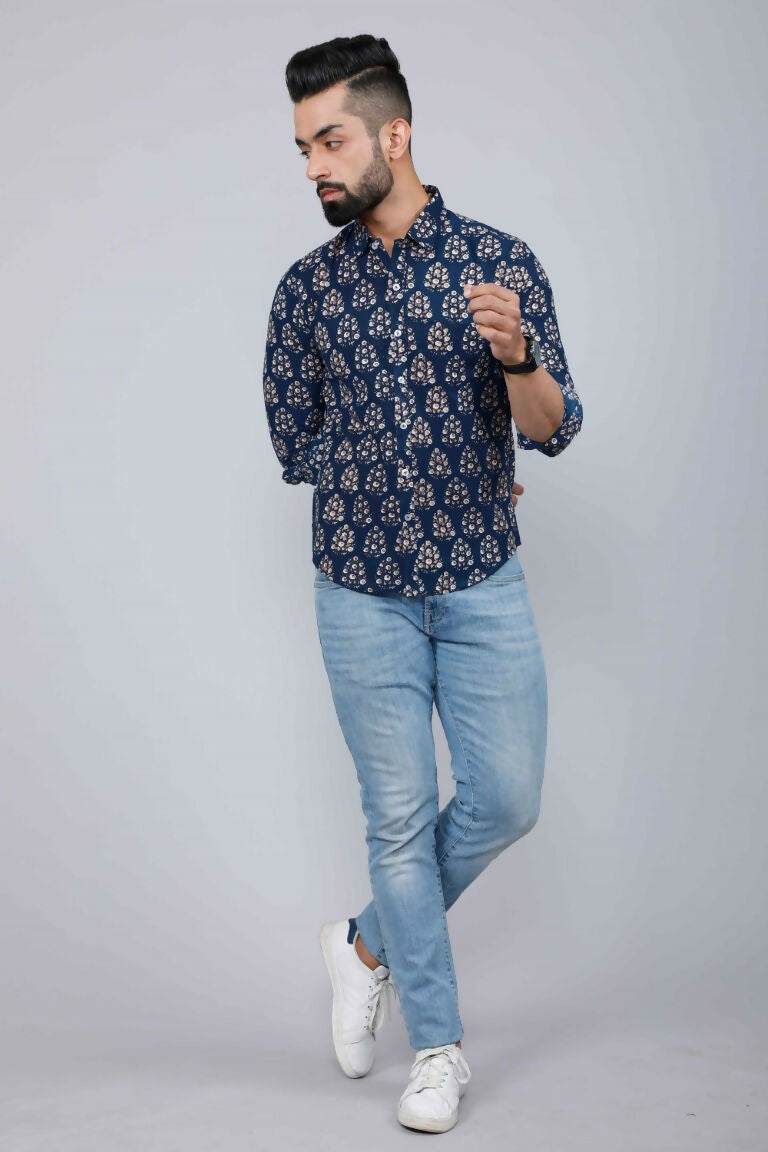 Miravan Men's Blue Floral Print Full Sleeve Casual Shirt | Grocsy