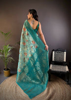 Joban Fashion Teal Floral Motifs Banarasi Silk Sarees | Grocsy