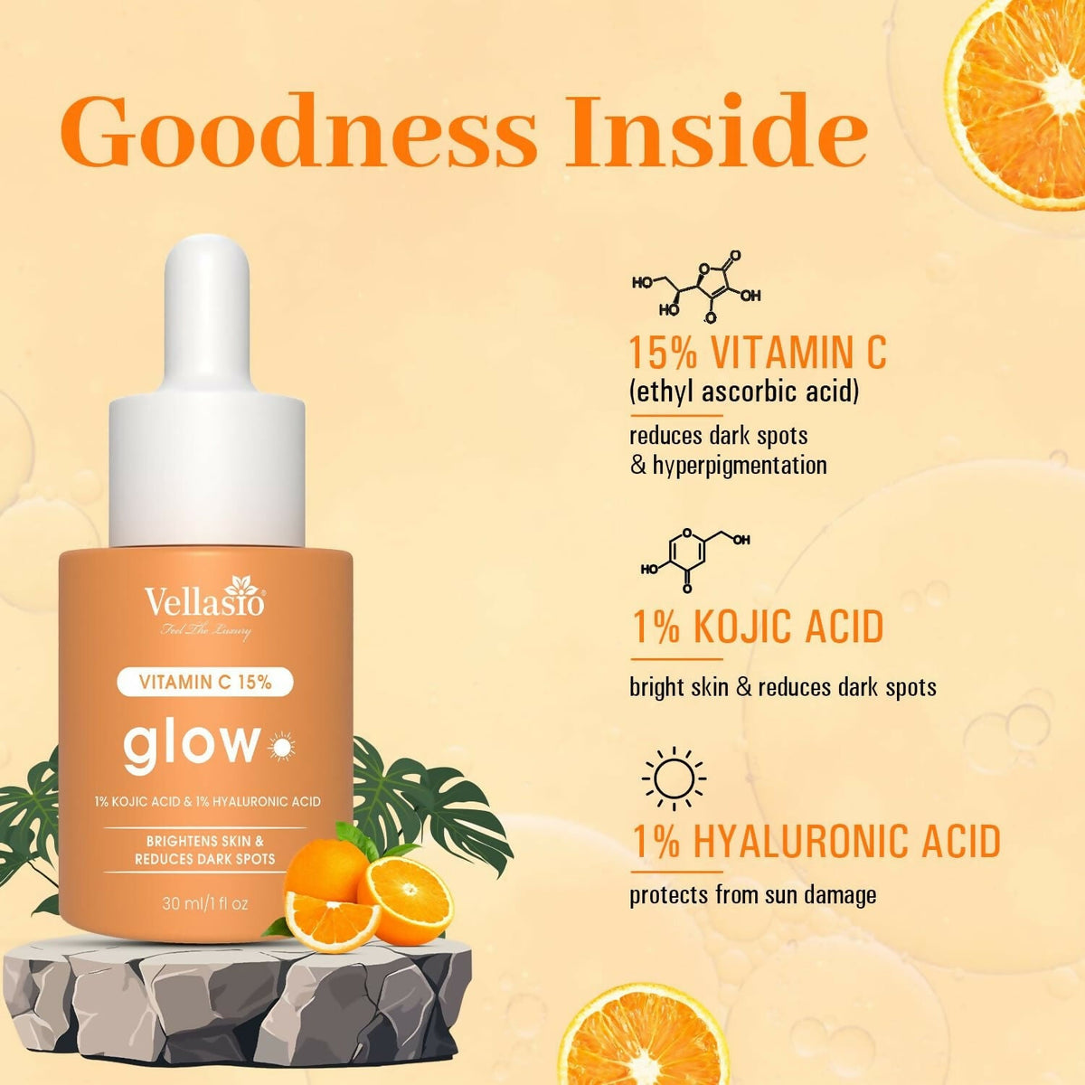 Vellasio 15% Vitamin C Serum with Hyaluronic Acid & Kojic Acid | Grocsy