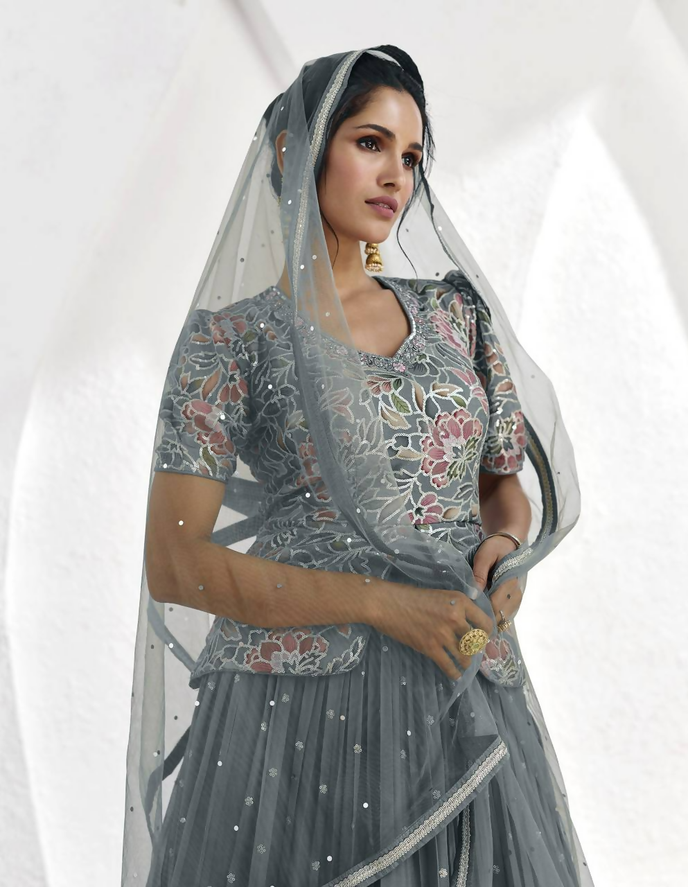Lorenvalley Fashion Grey Faux Georgette Embroidery with Sequince Work Salwar Lehenga Stitched | Grocsy