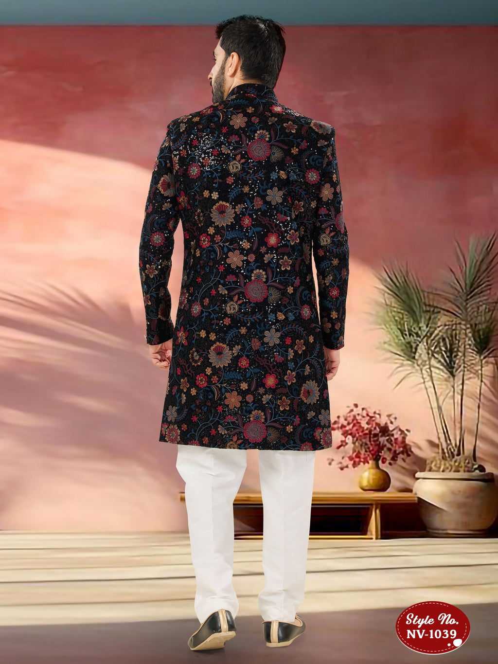 Joban Fashion Men's Blue Base Multi-Colour Straight Velvet Heavy Thread And Sequence Embroidary All Over Indo-Western Kurta Set | Grocsy