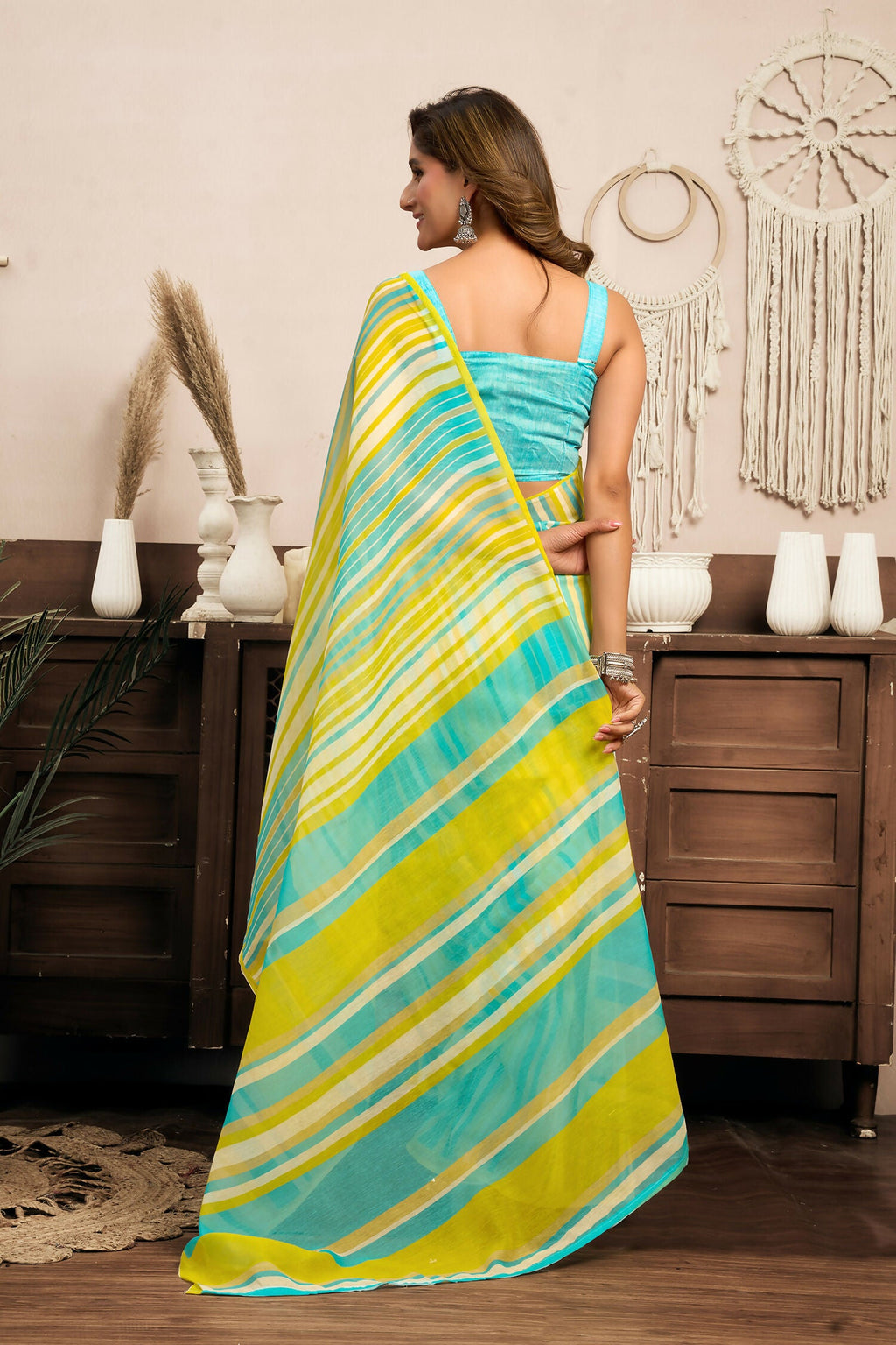 Joban Fashion Yellow Striped (Leheriya) Linen Ready To Wear Saree With Unstitched Blouse | Grocsy