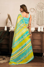 Joban Fashion Yellow Striped (Leheriya) Linen Ready To Wear Saree With Unstitched Blouse | Grocsy