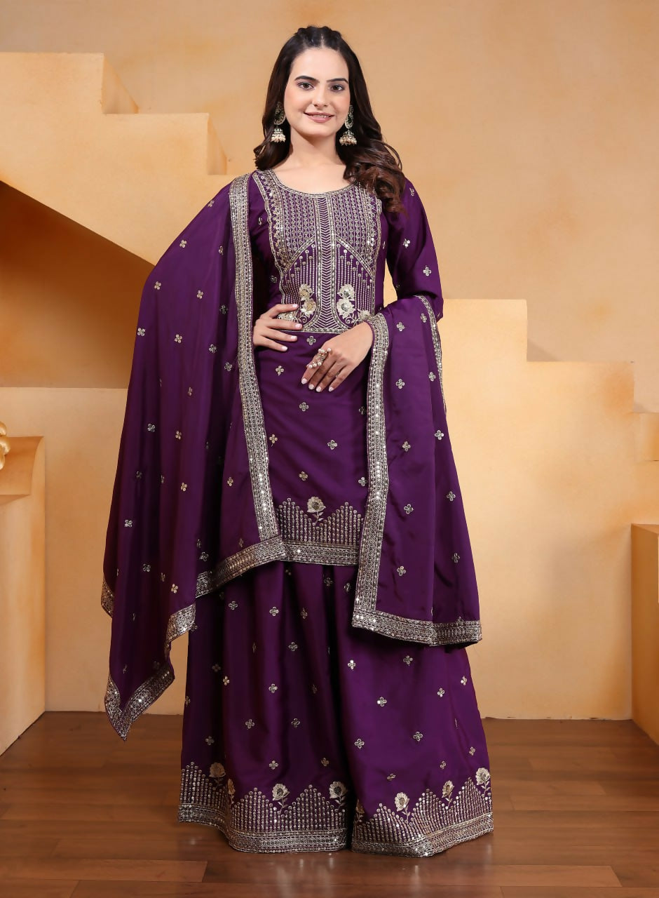 Joban Fashion Wine Crepe Embroidered Sharara Set | Grocsy