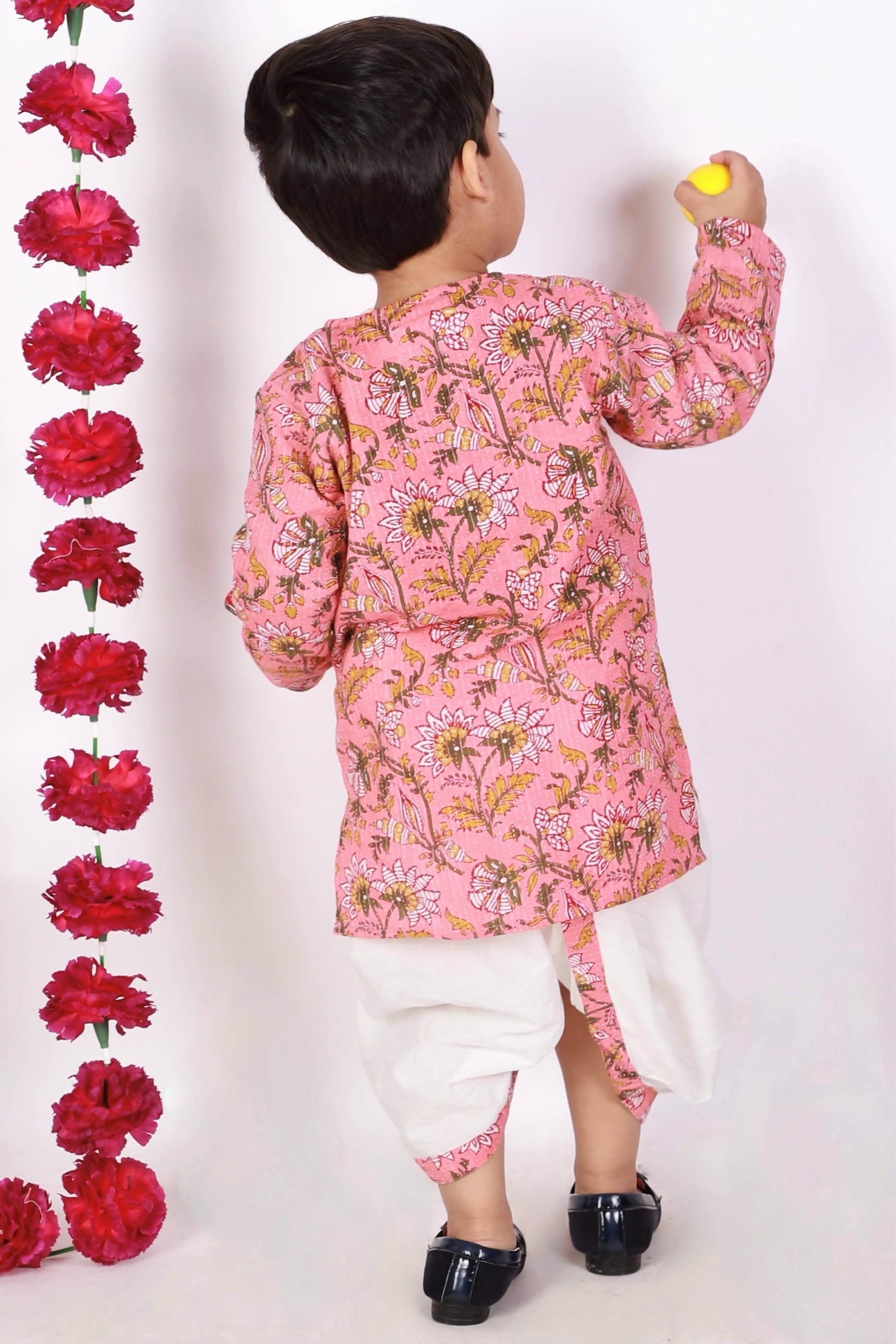 Little Bansi Boys Bengali Kantha work floral kurta & Dhoti - Pink & White | Grocsy