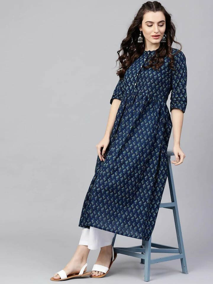 Vamika Printed Cotton Blue Party Wear/Casual Wear Women Kurta Set/Suit | Grocsy