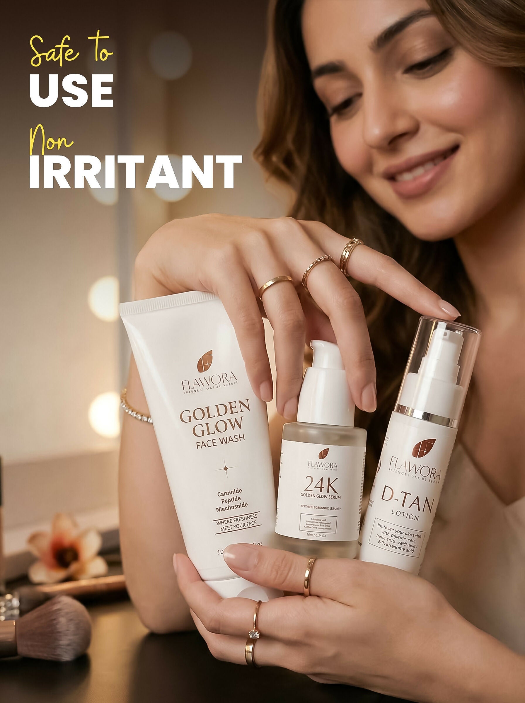 Flawora Set of Golden Glow Face Wash, D-Tan Lotion and 24k Golden Glow Face Serum | Grocsy