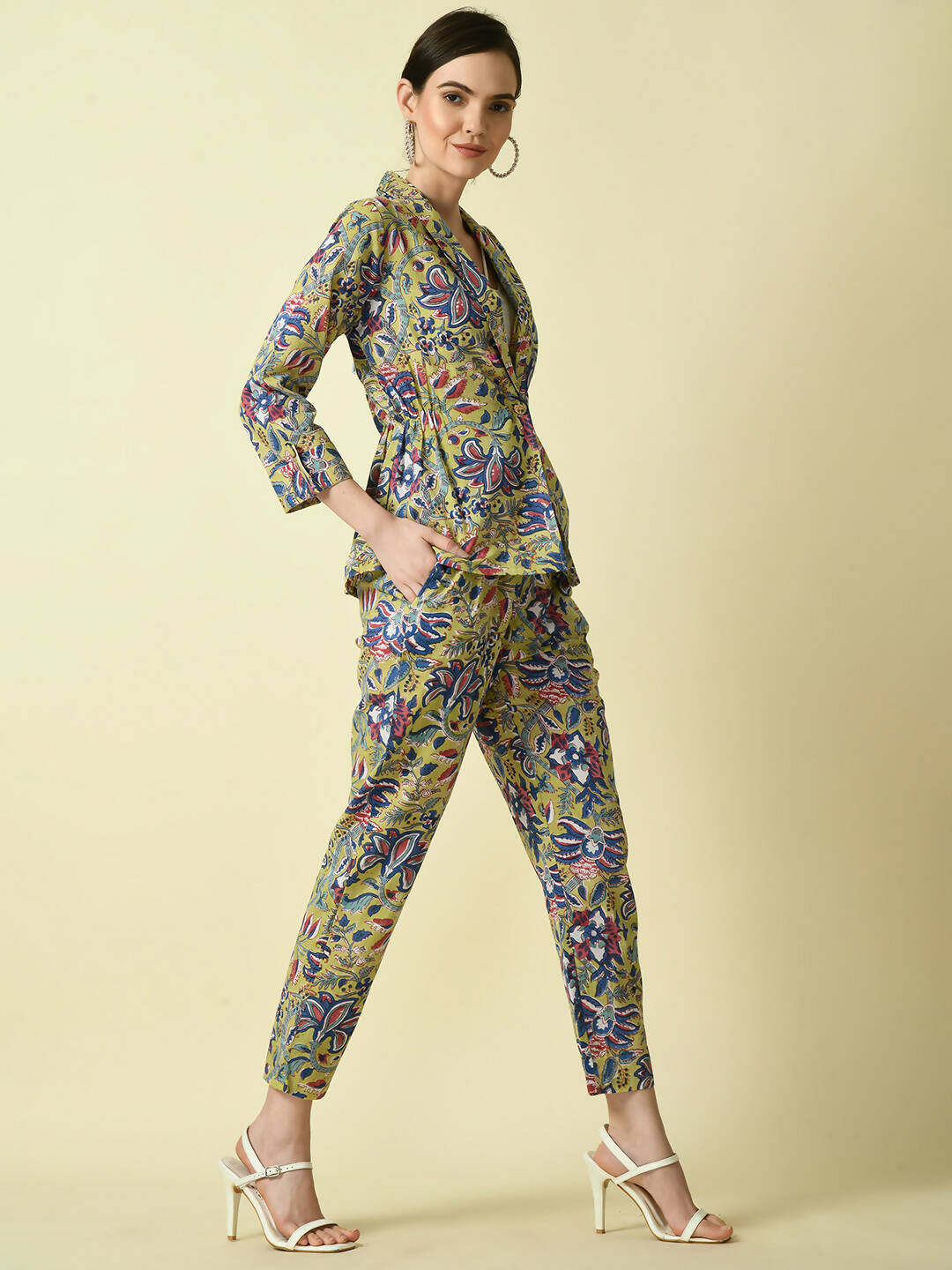 Myshka Women's Multi Shawl Neck Coat With Trousers | Grocsy