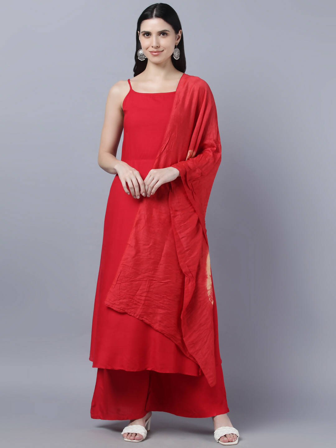 Myshka Women Red High Slit Kurta with Palazzos With Dupatta | Grocsy