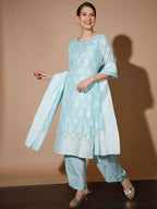Myshka Women Blue Printed Kurta & Palazzos With Dupatta | Grocsy