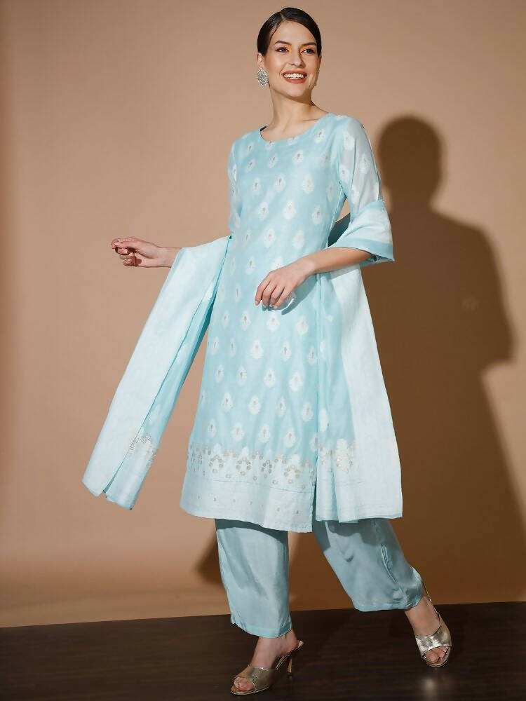Myshka Women Blue Printed Kurta & Palazzos With Dupatta | Grocsy