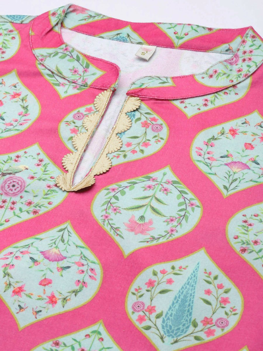 Ahalyaa Women Pink & Sea Green Floral Printed Gotta Patti Velvet Kurta | Grocsy