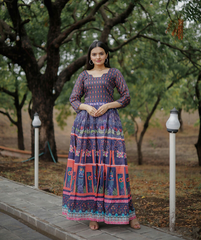 Aayaa Pure Chanderi Gown With Heavy Digital Print - Multi Color | Grocsy