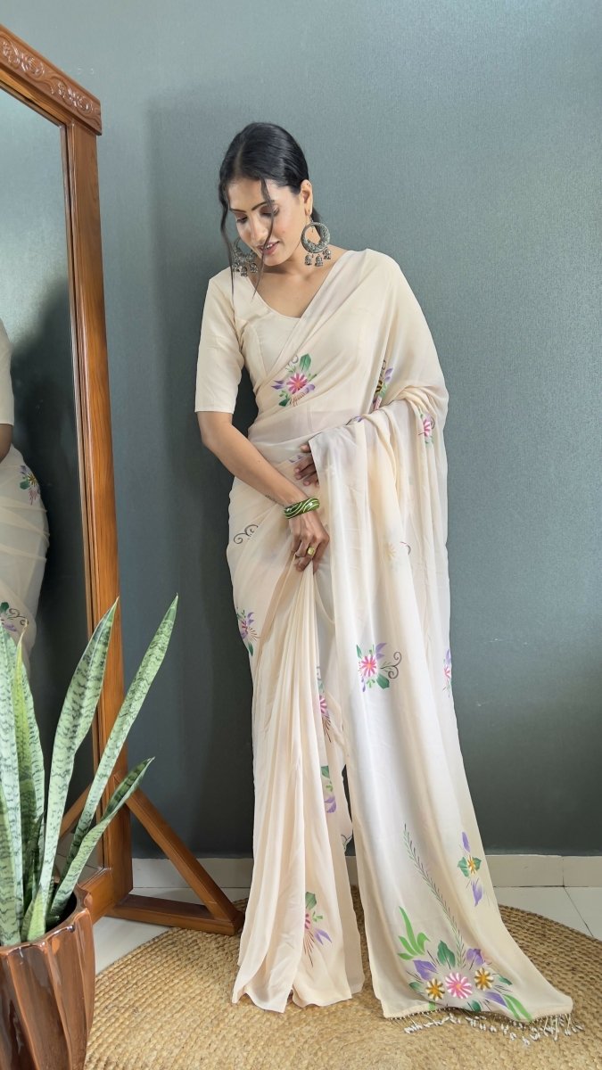 Aayaa Designer 1 min Hand Painted Ready to Wear saree - Off White | Grocsy