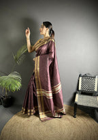 Joban Fashion Wine Woven Pattern Raw Silk Kanjivaram Silk Saree | Grocsy