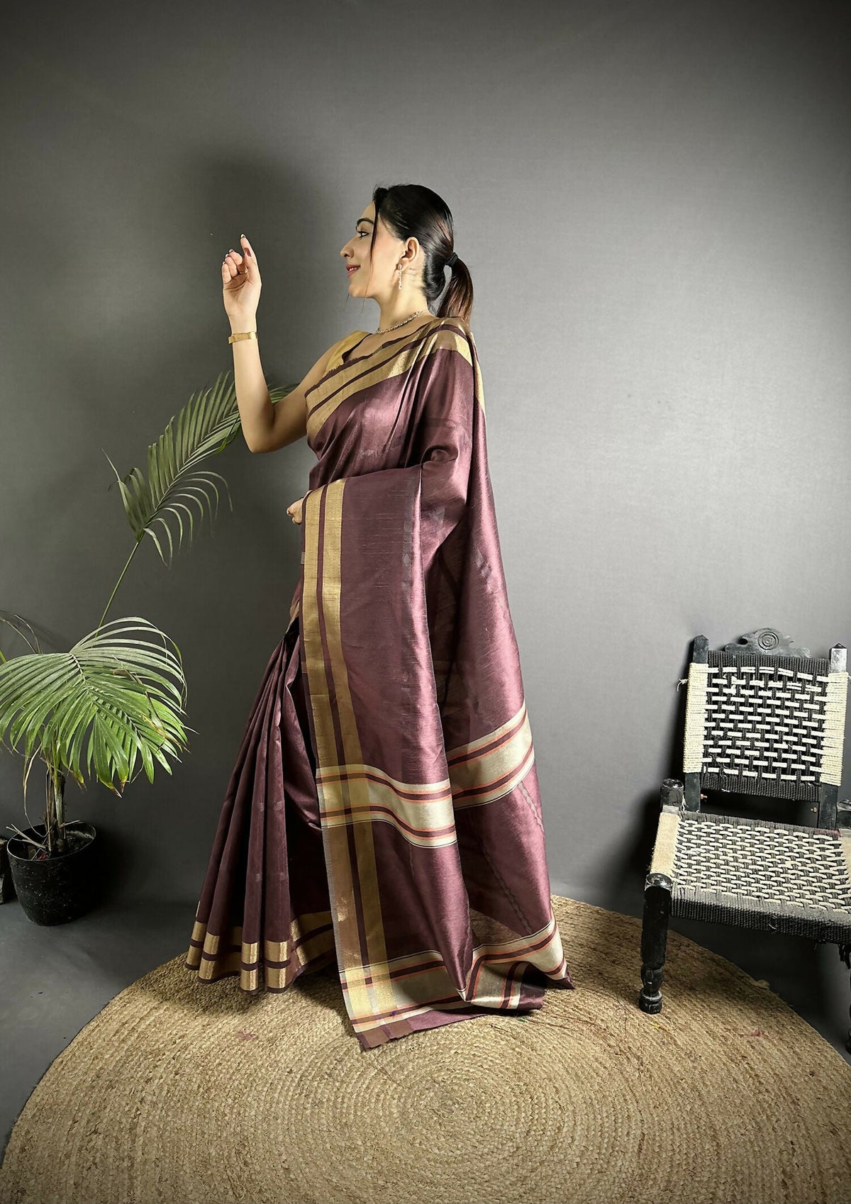 Joban Fashion Wine Woven Pattern Raw Silk Kanjivaram Silk Saree | Grocsy