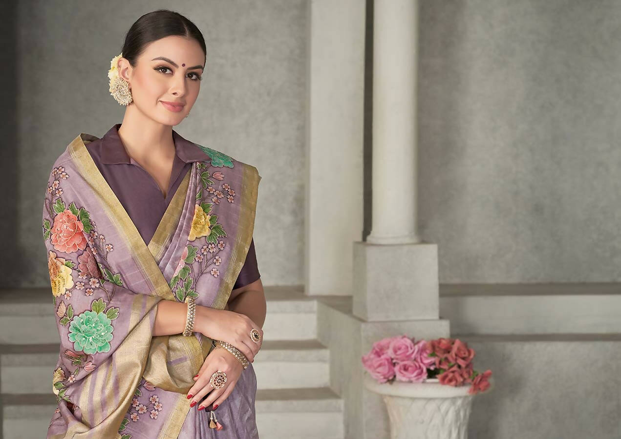 Lavendar Rangkat Tussar Silk Woven Design Saree with Unstitched Blouse - Mohmanthan Eshani | Grocsy