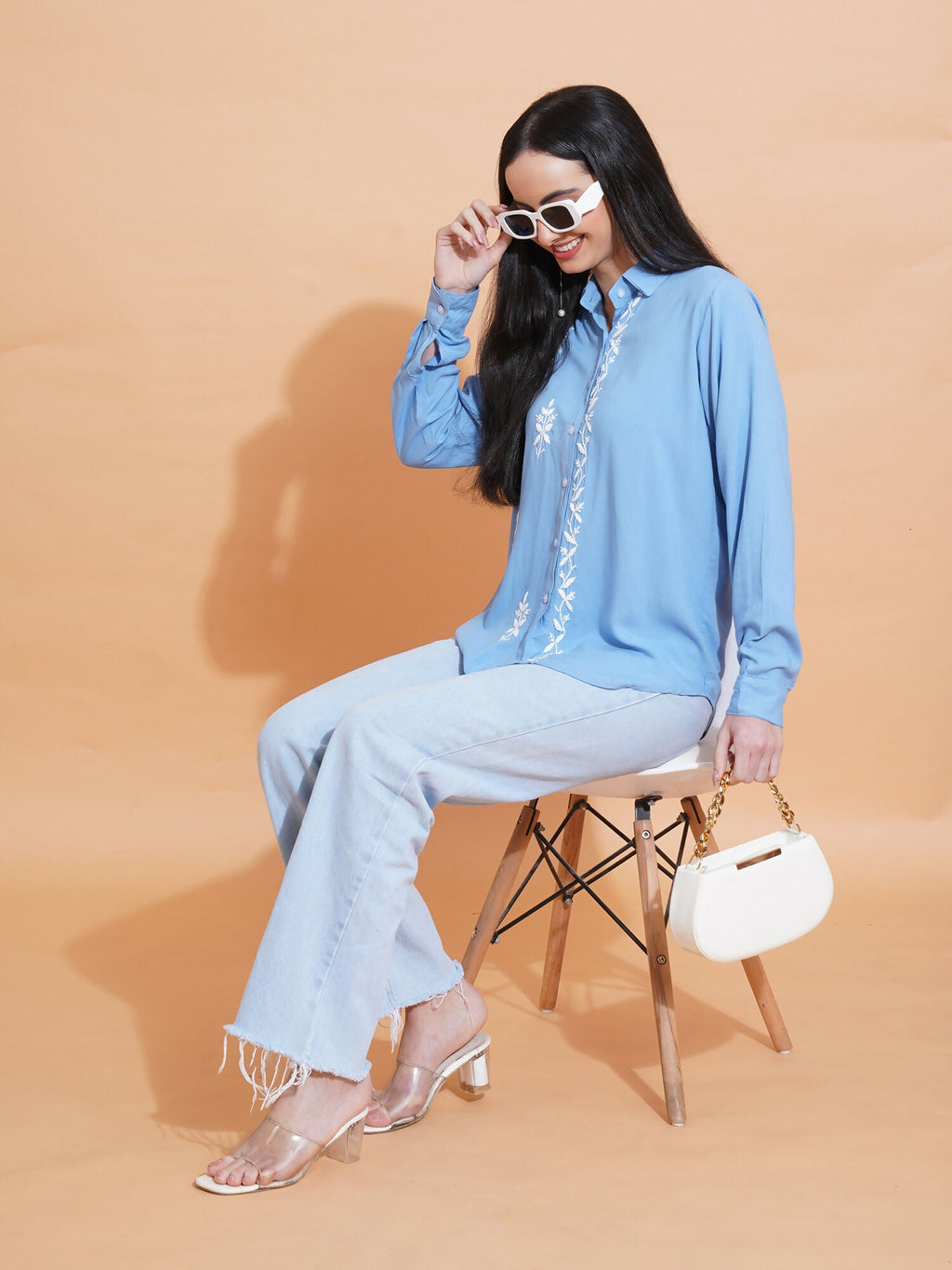 Pahnaz Modal Chikankari Handwork Shirt-Blue | Grocsy