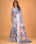 Grey Cotton Silk Floral Printed Saree With Unstitched Blouse Piece - Akshita | Grocsy