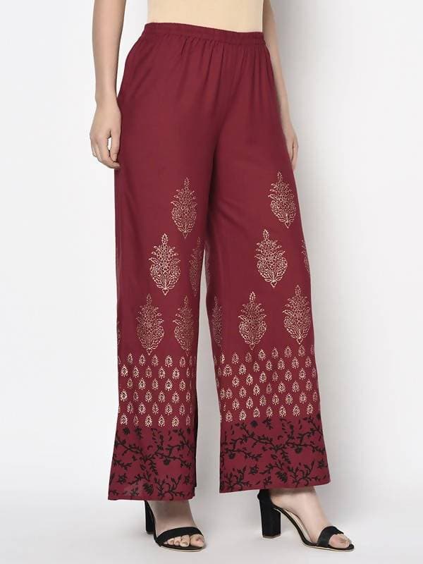 Aniyah Rayon Maroon Color Block Print Flared Slip-On Palazzo (AN-183K) | Grocsy